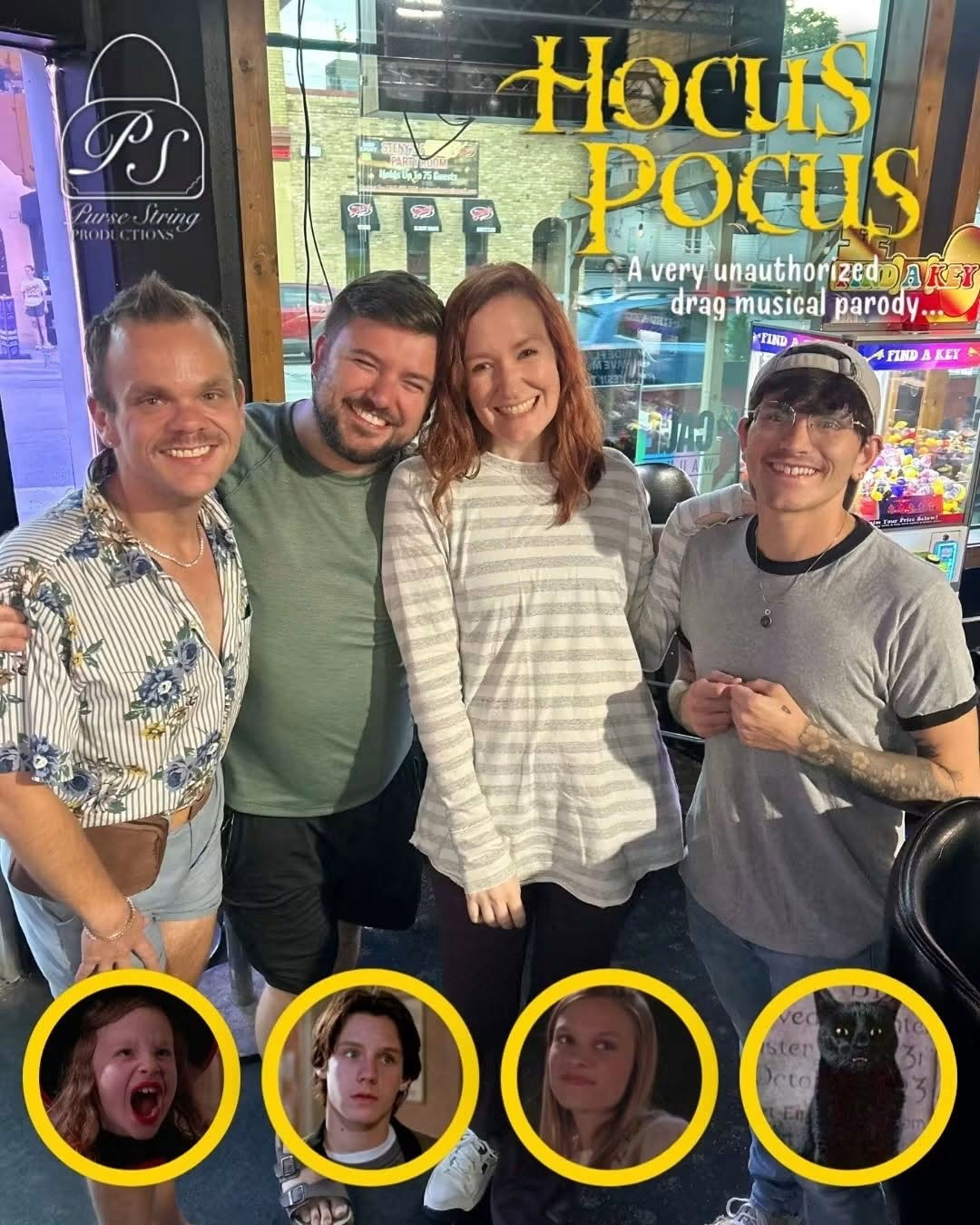 Four cast members beneath Hocus Pocus promotional artwork.